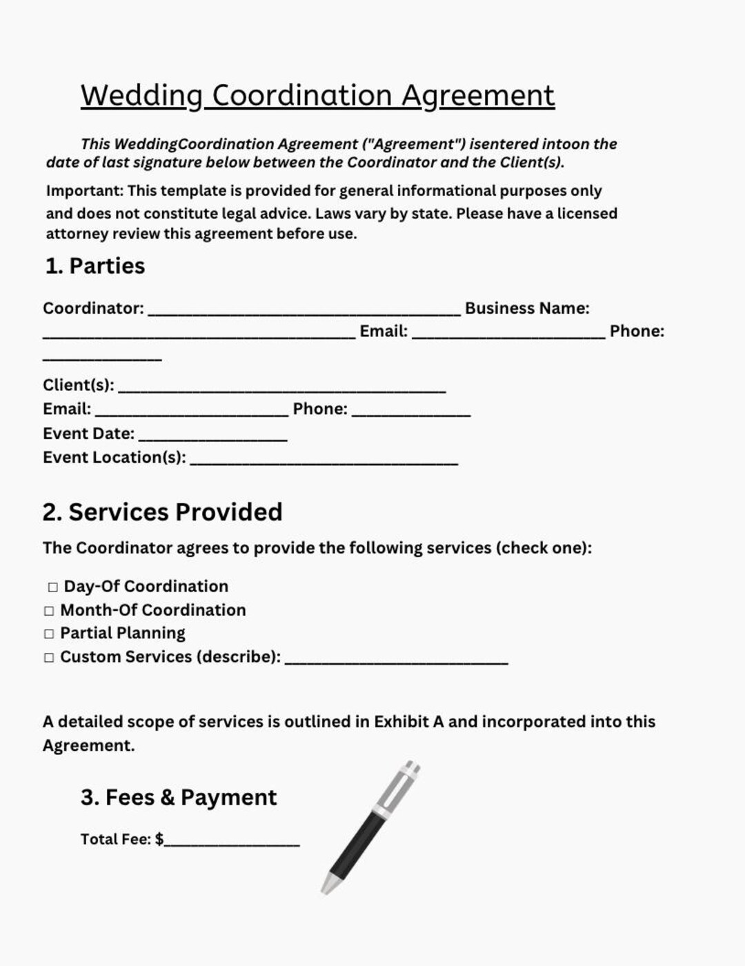 Wedding Coordination Contract Template | Editable Canva Digital ...
