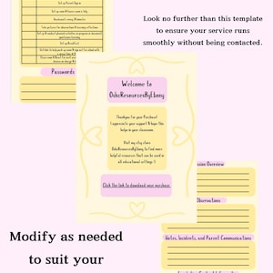 May include: A pink and yellow printable checklist for an OSHC coordinator, with the title "OSHC Coordinator Cover Checklist for Before School Care". The checklist includes tasks such as unlocking doors, taking headcounts, and setting up breakfast. The second page is a pink and yellow template for an OSHC coordinator to use when they are going on annual leave or are sick. The template includes sections for session overview, observations, notes, incidents, and parent communications, and escalation contact information. The template also includes a welcome message and a thank you message.