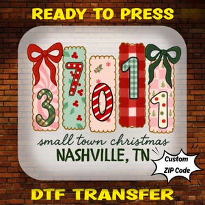 ZIP Code Christmas DTF Transfer, Coquette Patchwork Ready to Press, Small Town Christmas Design