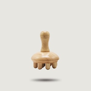 Può includere: Uno strumento per massaggio in legno chiaro con un manico e una testa arrotondata con diversi piccoli pioli arrotondati. Lo strumento è progettato per il massaggio e il rilassamento del corpo. La venatura del legno è visibile.