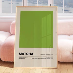 Póster digital de matcha para decoración de cocina, impresión minimalista de té verde japonés, arte mural con dopamina de mediados de siglo.