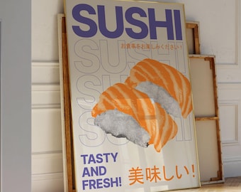 Sushiposter: retro Japandi keukenkunst aan de muur, Japans eten print (direct downloaden)