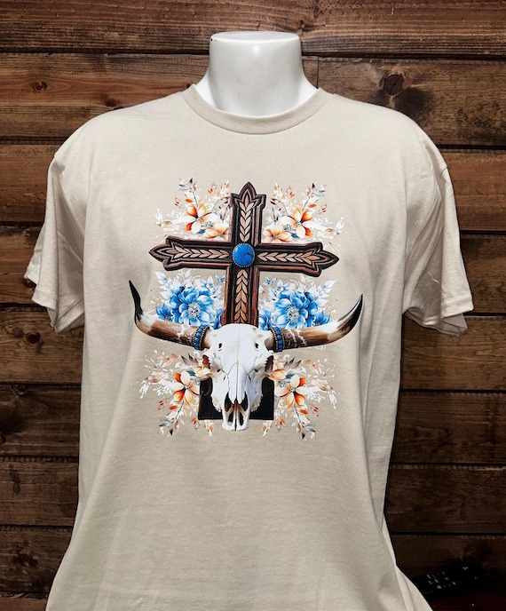 Skull and Cross T-Shirt, Cowgirl T-Shirt, Western Shirt, Cowgirl and Skull Floral Design T-shirt.