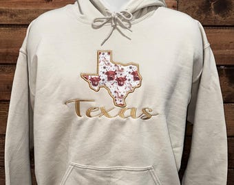 Embroidered Texas Hoodie, Texas Hoodie with Fluffy Cow Vinyl Applique, Texas Country Hoodie Custom Made, Cowboy Hoodie, Western Hoodie.