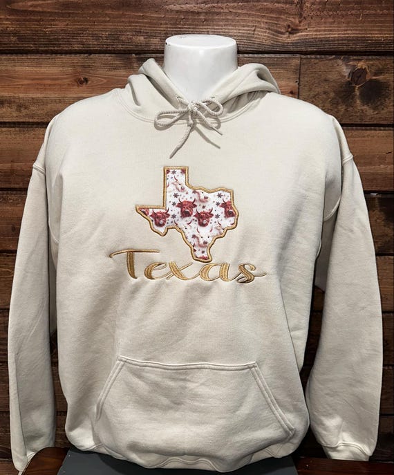 Embroidered Texas Hoodie, Texas Hoodie with Fluffy Cow Vinyl Applique, Texas Country Hoodie Custom Made, Cowboy Hoodie, Western Hoodie.