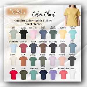 Może przedstawiać: Karta kolor&oacute;w koszulek dla dorosłych Comfort Colors z kr&oacute;tkim rękawem. Karta przedstawia r&oacute;żnorodne kolory, w tym Bay, Black, Blossom, Blue Jean, Blue Spruce, Butter, Chalky Mint, Chambray, Crimson, Denim, Espresso, Graphite, Grey, Ice Blue, Ivory, Yam, Light Green, Moss, Orchid, Peachy, Pepper, Red, Sage, Seafoam, True Navy, Violet, Watermelon i White.