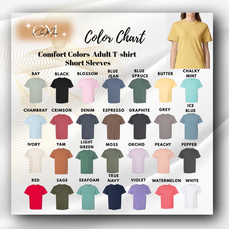 Może przedstawiać: Karta kolor&oacute;w koszulek dla dorosłych Comfort Colors z kr&oacute;tkim rękawem. Karta przedstawia r&oacute;żnorodne kolory, w tym Bay, Black, Blossom, Blue Jean, Blue Spruce, Butter, Chalky Mint, Chambray, Crimson, Denim, Espresso, Graphite, Grey, Ice Blue, Ivory, Yam, Light Green, Moss, Orchid, Peachy, Pepper, Red, Sage, Seafoam, True Navy, Violet, Watermelon i White.