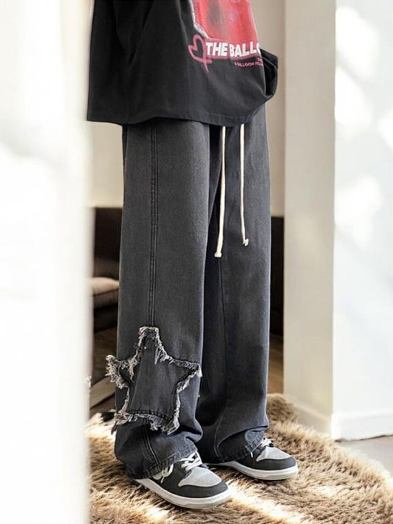 【Anyone more】Era Star Patch Washing Damage Wide Pants Star Patch Washed Denim Pants – Teal Poppy