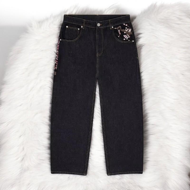 【BAON】Seuteki Embroidered Wide Denim Pants Men's Streetwear Jeans Y2K Hip Hop Jeans Casual High Waisted