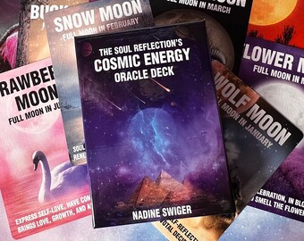 May include: A set of 12 oracle cards with colorful illustrations of moons and text describing each moon. The cards are part of a deck called "The Soul Reflection's Cosmic Energy Oracle Deck" by Nadine Swiger.