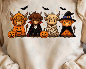 Highland Cow Retro Halloween PNG, Autumn Fall Pumpkin Cow Png, Trick Or Treat Png, Spooky Fall, Cute Farm Animals Costumes, Moo I Mean Boo