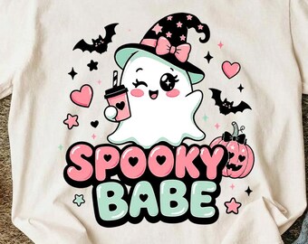 Spooky Babe Ghost PNG, Halloween Shirt Design, Kawaii Pumpkin Bat Art (Digital Download)
