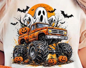 Boo Ghost Monster Truck PNG, Halloween Kid Autumn Shirt Design, Pumpkin Boy Truck Bat Art (Digital Download)