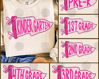 Preppy Back To School Png Bundle, Coquette Pennant Flag PNG,Kindergarten Pre-K Pre School 1st 2d 3d 4th 5th,Pink Gingham Png,First Day Shirt