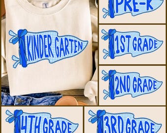 Preppy Back To School Png Bundle, Coquette Pennant Flag PNG,Kindergarten Pre-K Pre School 1st 2d 3d 4th 5th,Blue Gingham Png,First Day Shirt