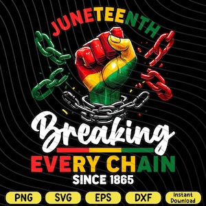 May include: A Juneteenth graphic shows a clenched fist in red, yellow, and green, breaking chains. The text reads "Juneteenth Breaking Every Chain Since 1865" in white, red, yellow, and green. The background is black.