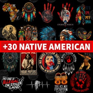 Op de afbeelding: Een digitale collectie van grafische ontwerpen met een inheems Amerikaans thema, voorzien van illustraties van dromenvangers, inheemse figuren, wolven, totempalen en mocassins, met teksten zoals +30 NATIVE AMERICAN, NO MORE STOLEN SISTERS en NO ONE IS ILLEGAL ON STOLEN LAND.