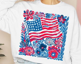 Floral American Flag PNG, Patriotic 4th of July Shirt, Red White and Blue Boho Flowers Design, Independence Day PNG,Patriotic Wildflower USA