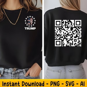 May include: Black sweatshirt with a white QR code on the back and a red, white, and blue American flag with stars and the word "TRUMP" on the front.