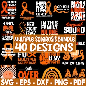 May include: A digital download bundle of 40 designs for multiple sclerosis awareness. The designs feature orange and black colors with various slogans and images, including ribbons, boxing gloves, and gnomes. The text "Multiple Sclerosis Bundle 40 Designs" is displayed in large, bold letters.