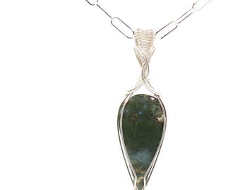 Sterling Silver Moss Agate Necklace, Pear-Shaped Green Cabochon Pendant