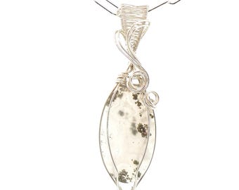 Moss Agate Pendant Necklace, Ornate Wire-Wrapped Cabochon in Silver Tones