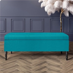 Paris Velvet Ottoman Storage Bench | Plain Plush Upholstery with Turned Wood Legs