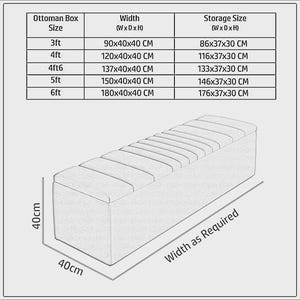 May include: An ottoman box with a tufted top, shown in a line drawing. The image includes a table with dimensions for various sizes, ranging from 3ft to 6ft in length. The ottoman is 40cm high and 40cm wide.