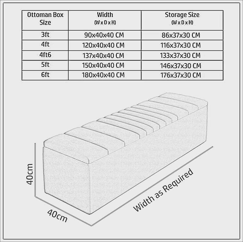 May include: An ottoman box with a tufted top, shown in a line drawing. The image includes a table with dimensions for various sizes, ranging from 3ft to 6ft in length. The ottoman is 40cm high and 40cm wide.