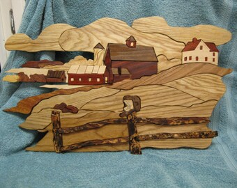 Intarsia, farm on the hill, all natural woods (walnut, padauk, poplar, cherry, mahogany, and redwood bark)