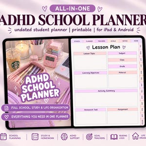 Puede incluir: Un planificador escolar todo en uno para TDAH para iPad y Android, que presenta una plantilla de plan de lección digital con secciones para tema, materia, clase, grado, material, objetivos de aprendizaje, resumen y tareas.