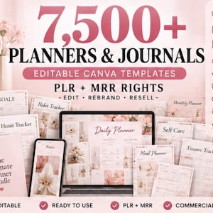 Puede incluir: Un paquete digital de más de 7,500 plantillas de Canva editables para planificadores y diarios, con derechos PLR y MRR. La imagen muestra varias páginas de planificador impresas, una computadora portátil y un teléfono inteligente.