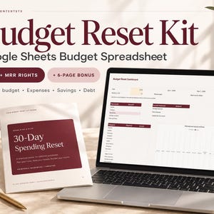 Op de afbeelding: Een digitale budget reset kit met een laptop die een Google Sheets budget dashboard toont, een 30-daags uitgavenwerkboek en teksten zoals Budget Reset Kit, PLR + MRR Rights en 6-page bonus in de kleuren bordeauxrood en wit.