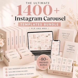 Op de afbeelding: Een digitaal marketingpakket met de tekst THE ULTIMATE 1400+ Instagram Carousel TEMPLATES BUNDLE | PLR AND MRR. Bevat een laptop, smartphone, spiraalnotitieblokken en georganiseerde kaarten met Business, Wellness, Marketing, Lifestyle, Coaching.