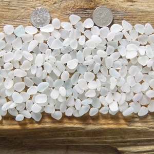 May include: A large collection of small, smooth, frosted white sea glass pieces scattered across a surface. Two silver-coloured coins are placed at the top of the pile to provide a sense of scale for the individual pieces of glass.