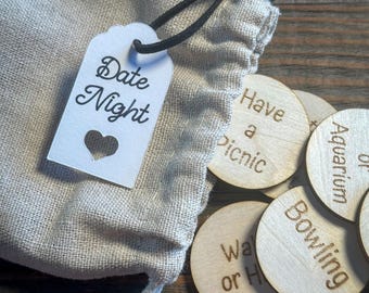 Laser Engraved Date Night Tokens, Romantic Gift in Canvas Bag