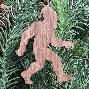 Laser Engraved Walnut Sasquatch with Santa Hat Ornament | Bigfoot Christmas Decoration