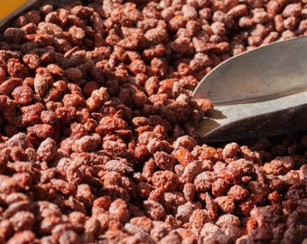 May include: A close-up of a metal scoop filled with sugared almonds. The almonds are a deep brown color and are coated in a white sugar glaze.
