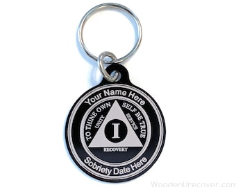 Personalized AA Medallion Key Tag, Anodized Aluminum Alcoholics Anonymous Anniversary Token Key Chain, Laser Engraved 12 Step Gifts