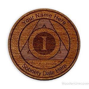 Personalized AA Medallion. Exotic Natural Sapele Wood Alcoholics Anonymous Anniversary/Birthday Coin, Unique 12 Step Recovery Tokens