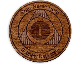 Personalized AA Medallion. Exotic Natural Sapele Wood Alcoholics Anonymous Anniversary/Birthday Coin, Unique 12 Step Recovery Tokens