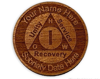 Personalized AA Token, AA Birthday Anniversary Medallion, Exotic Sapele Wood Recovery Coins and Unique 12 Step Gifts