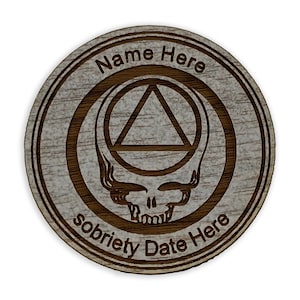 Personalized AA &quot;Stealie&quot; Token, Whitewash Stained Walnut Wood Alcoholics Anonymous &quot;Woody&quot; Anniversary Coin for Wharf Rats