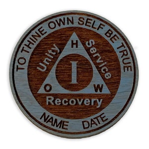 Personalized AA Anniversary Medallion. Blue Stained Sapele Wood Alcoholics Anonymous Birthday Token, Unique 12 Step Recovery Coins