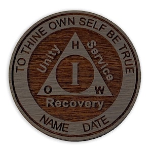 Personalized AA Sobriety Chip. Gray-wash Stained Sapele Wood Alcoholics Anonymous Anniversary Medallion, Custom 12 Step Recovery Tokens