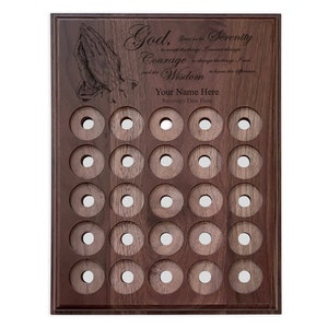 25 Space Medallion Holder, Personalized Serenity Prayer Recovery Token Holder Display Plaque for AA or NA Coins | Walnut Plaque