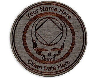Personalized NA "Woody" Coin, Narcotics Anonymous Inspired Graywash Stained Sepele Wood Steal Your Face Anniversary Medallion for Wharf Rats