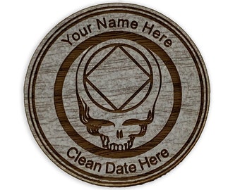Personalized NA "Stealie" Token, Narcotics Anonymous Inspired Whitewash Stained Walnut "Woody" Anniversary Medallion for Wharf Rats