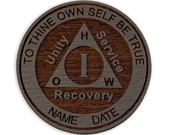 Personalized AA Sobriety Chip. Gray-wash Stained Sapele Wood Alcoholics Anonymous Anniversary Medallion, Custom 12 Step Recovery Tokens