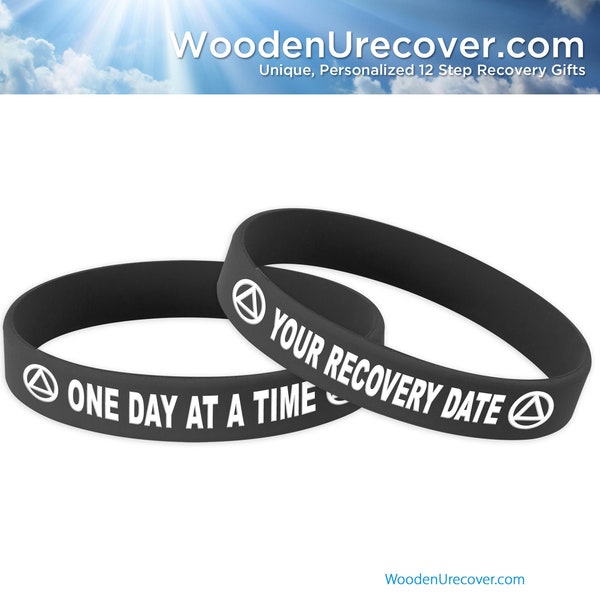 Personalized One Day at a Time Silicone Wristband | Custom 12 Step Recovery Silicone Bracelet | Alcoholics Anonymous AA Sobriety Gift
